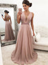 A Line V Neck Open Back Beading Chiffon Prom Dress LBQ3674