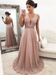 A Line V Neck Open Back Beading Chiffon Prom Dresses 