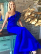 Mermaid One Shoulder Floor Length Royal Blue Satin Prom Dress with Ruffles