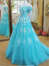 Blue Tulle Off Shoulder White Applique Prom Dress LBQ3794