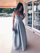 A Line Spaghetti Straps Backless Floor Length Satin Prom Dresses with Pleats