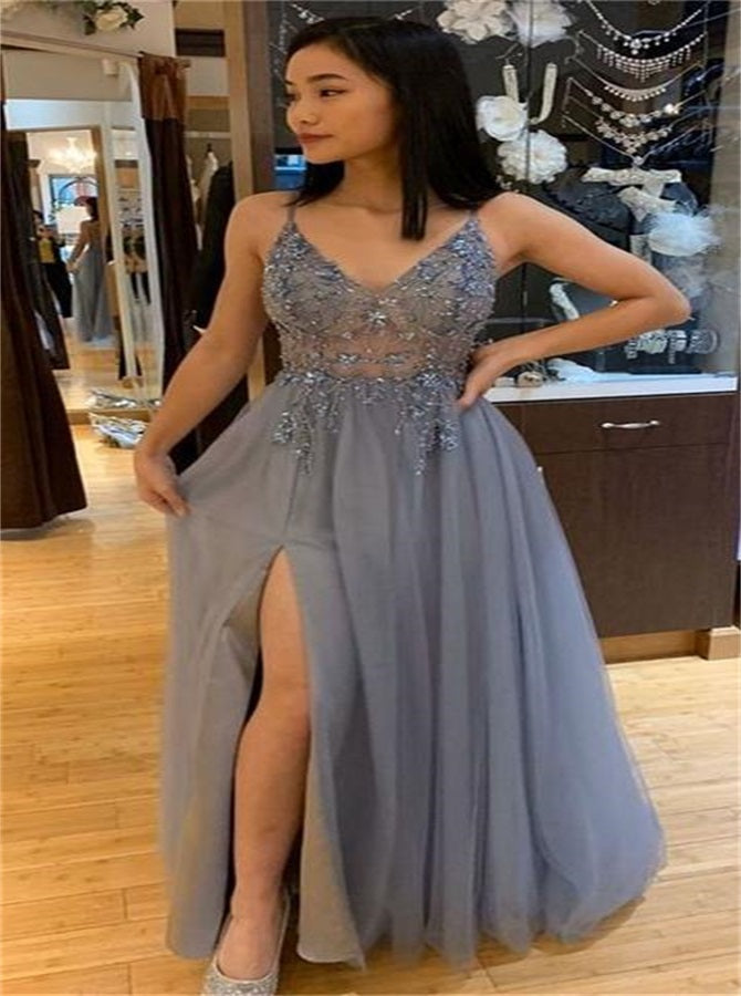 A Line Spaghetti Straps Tulle Prom Dresses With Beading Split | Alinepromdress A Line Spaghetti Straps Tulle Prom Dresses With Beading Split | Alinepromdress