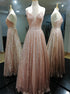 Rose Gold Sequins A Line Spaghetti Straps Lace Up Prom Dress LBQ3983