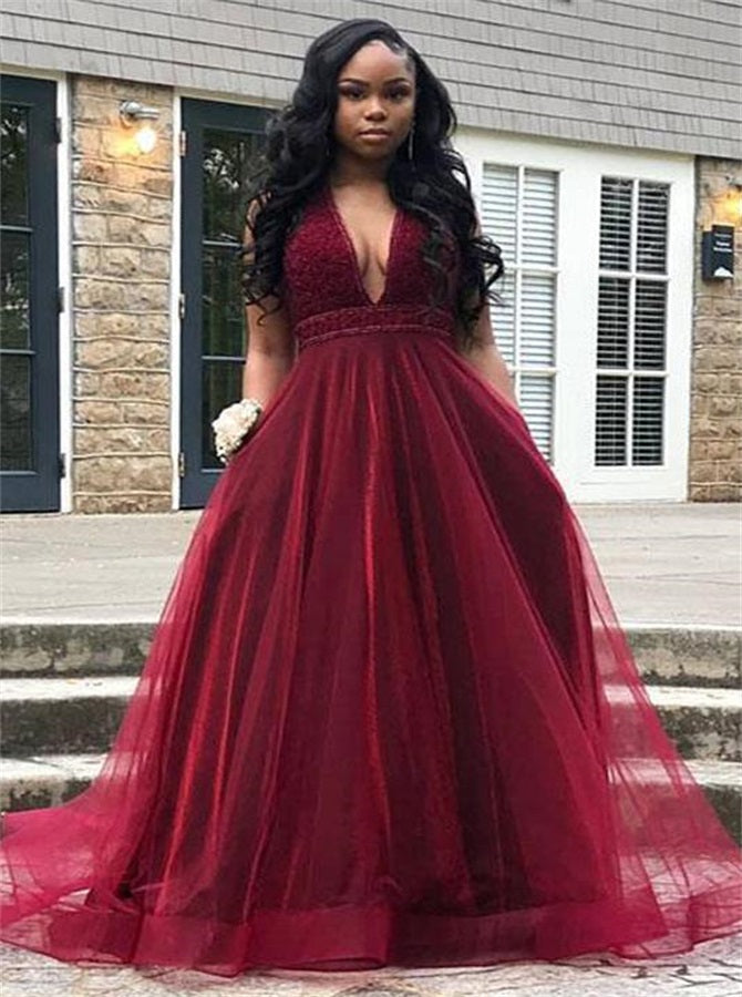 Burgundy A Line V Neck Tulle Beadings Prom Dresses | Alinepromdress Burgundy A Line V Neck Tulle Beadings Prom Dresses | Alinepromdress
