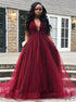 Burgundy A Line V Neck Tulle Beadings Prom Dresses LBQ3846