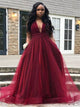 Burgundy A Line V Neck Tulle Beadings Prom Dresses