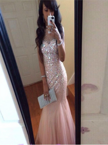 Mermaid Beading Scoop Sequins Tulle Prom Dresses