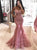 Spaghetti Straps Mermaid Pink V Neck Tulle Prom Dresses