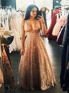 A Line V Neck Gold Sequins Prom Dresses