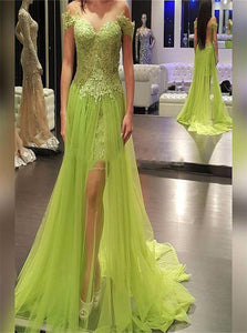 A Line Light Green Off the Shoulder Backless Tulle Prom Dresses