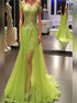 A Line Light Green Off the Shoulder Backless Tulle Prom Dress with Slit LBQ3761