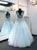 A Line Blue V Neck Tulle Appliques Open Back Prom Dresses