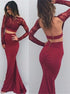 Two Piece Mermaid Long Sleeves Burgundy Satin Backless Prom Dress LBQ3781