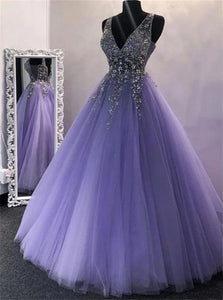 A Line V Neck Purple Beaded Backless Tulle Prom Dresses
