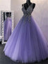 A Line V Neck Purple Beaded Backless Tulle Prom Dresses LBQ3469