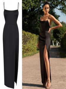 Floor Length Slit Black Evening Dresses