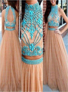 A Line Scoop Two Piece Tulle Beading Prom Dress