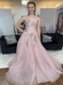 A Line Strapless Tulle Pink Appliques Prom Dress LBQ4251