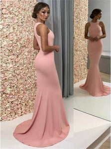 Mermaid Crew Satin Pink Prom Evening Dress