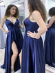 A Line Spaghetti Straps V Neck Satin Prom Dress with Slit LBQ4231