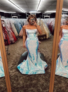 Mermaid Spaghetti Straps Sequins Prom Dresses 