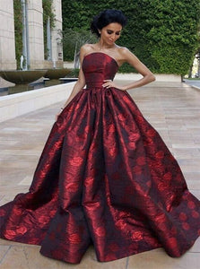 Ball Gown Strapless Red Satin Pleats Prom Dresses