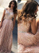 Off Shoulder A Line Rose Gold Sequin Prom Dresses