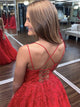 Sweep Train Red Lace Up Evening Dresses