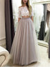 A Line Off the Shoulder Half Sleeves Tulle Appliques Prom Dress LBQ4259