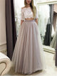 A Line Off the Shoulder Half Sleeves Tulle Appliques Prom Dresses