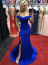 Blue Mermaid Satin Off the Shoulder Prom Dress with Slit LBQ4212