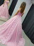 A Line Pink Tulle Cap Sleeve Lace Up Prom Dress With Lace Appliques LBQ3728