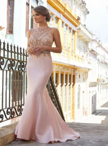 Mermaid See Through Halter Beaded Satin Prom Dresses