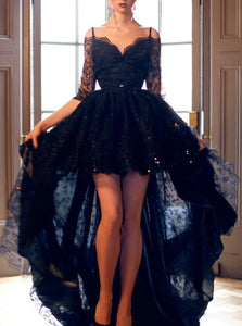 A Line Off the Shoulder Appliques High Low Black Tulle Prom Dress With Half Sleeves