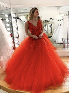 A Line Orange V Neck Tulle Appliques Open Back Prom Dresses 