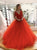 A Line Orange V Neck Tulle Appliques Open Back Prom Dresses 