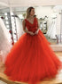 A Line Orange V Neck Tulle Appliques Open Back Prom Dress LBQ4077