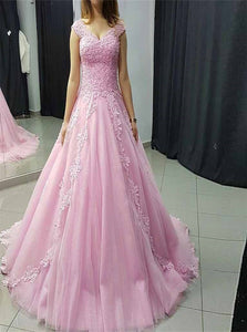 Sweep Train Pink Appliques Evening Dresses