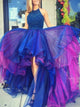 A Line Scoop Blue Rhinestone Tulle Asymmetrical Prom Dress