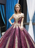 Ball Gown Cap Sleeves V Neck Golden Applique Satin Prom Dresses LBQ3784