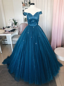 A Line Off the Shoulder Satin Tulle Sequins Prom Dresses