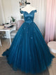 A Line Off the Shoulder Satin Tulle Sequins Prom Dresses