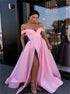 A Line Off Shoulder Satin Prom Dress with Slit LBQ3953