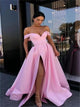 A Line Off Shoulder Satin Prom Dresses with Slit