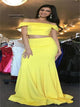 Two Piece Yellow Mermaid Off the Shoulder Pleats Satin Prom Dresses