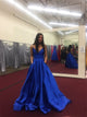 A Line Spaghetti Straps Satin Lace Up Blue Prom Dresses with Pockets 