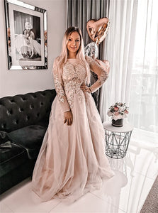 A Line Tulle Long Sleeves Applique Scoop Prom Dresses