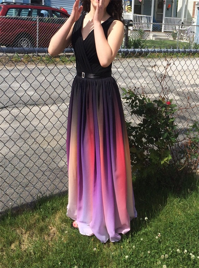 Ombre Chiffon V Neck A Line Long Evening Dress | Alinepromdress Ombre Chiffon V Neck A Line Long Evening Dress | Alinepromdress