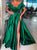 A Line V Neck Short Sleeves Satin Prom Dresses with Split