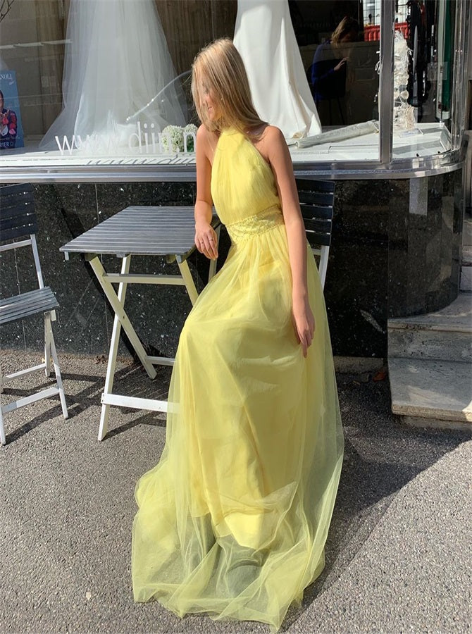 yellow halter dresses Rush Dress | Alicia Satin Halter Maxi Dress